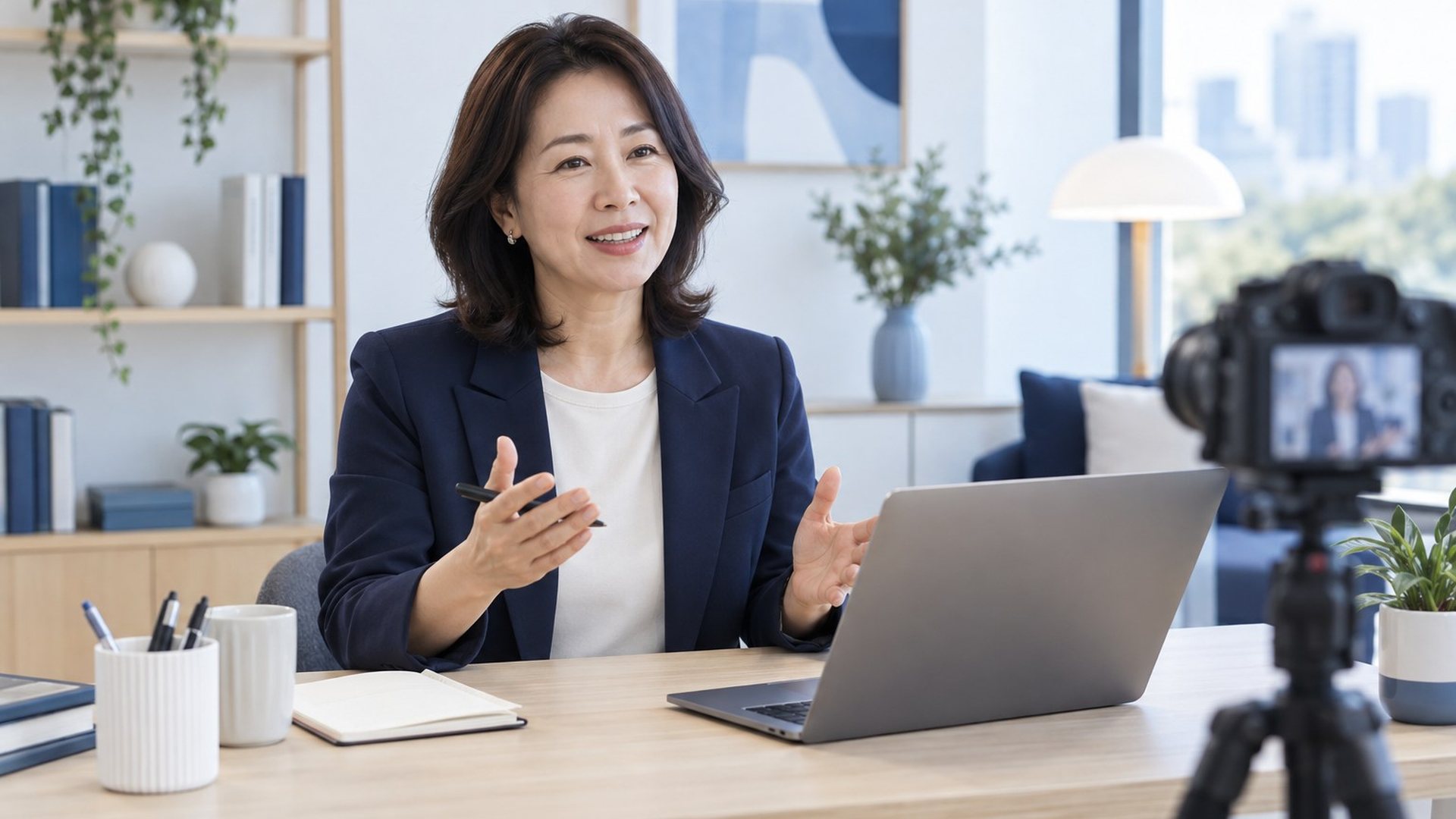 9개 카드사 카드결제 · 여성이 삼각대 카메라 앞에서 설명하는 장면(연출 사진)