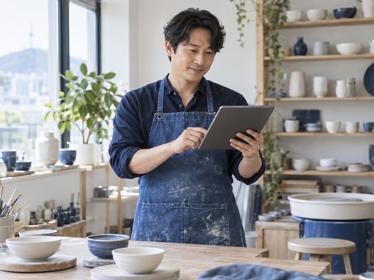 9개 카드사 카드결제 · 공방에서 태블릿을 보는 앞치마 차림의 남자(연출 사진)
