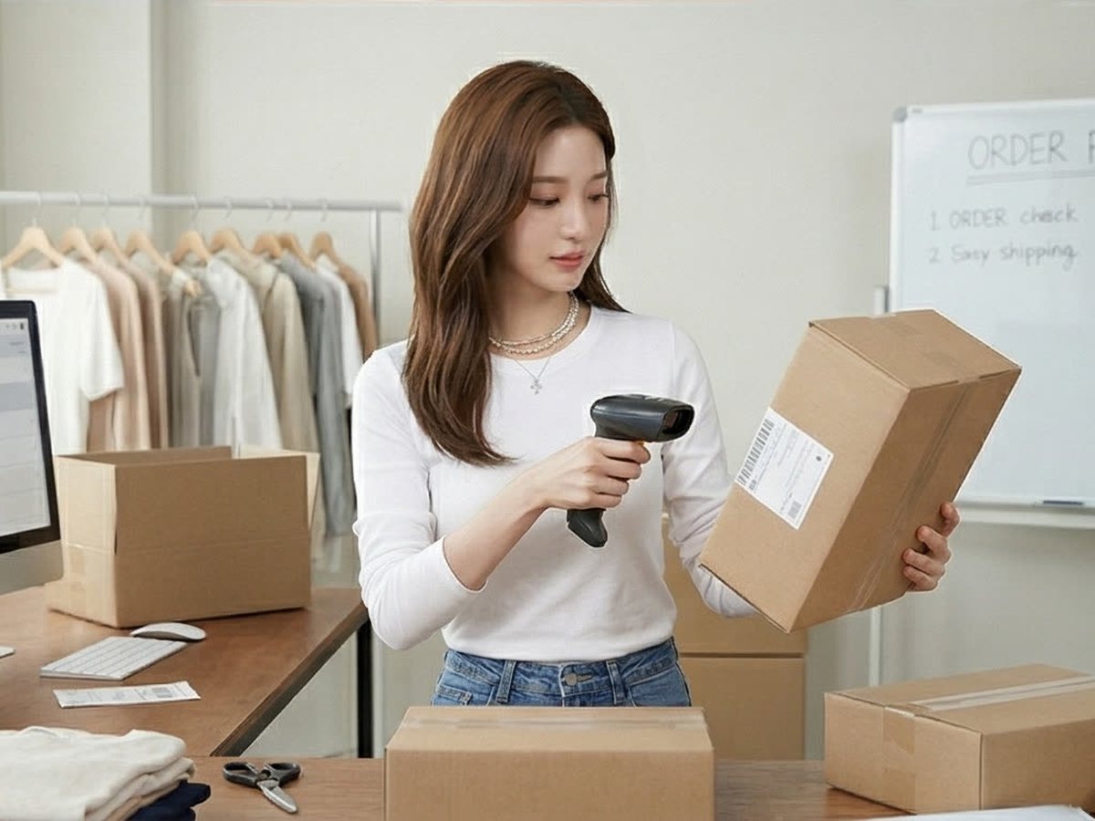 9개 카드사 카드결제 · 여성이 상자의 바코드를 스캔하며 주문을 정리하는 장면(연출 사진)