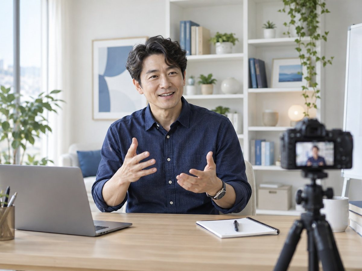 비사업자카드단말기 상담 · 남자가 카메라 앞에서 손짓하며 설명하는 장면(연출 사진)