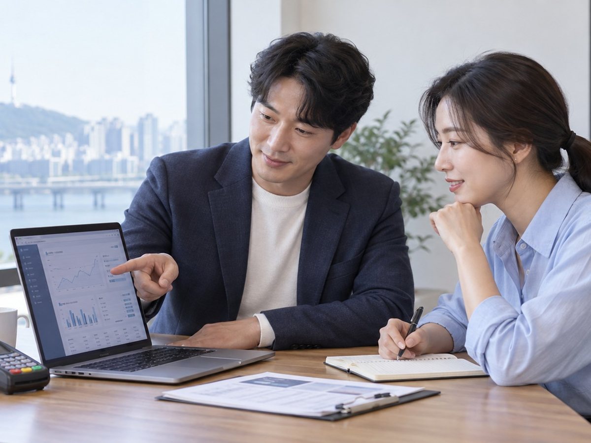 비사업자 PG단말기 · 한강이 보이는 사무실에서 두 사람이 노트북을 보며 상담하는 장면(연출 사진)
