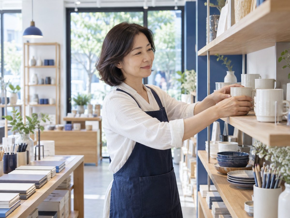 비사업자 PG단말기 교체 · 앞치마를 두른 여성이 선반의 물건을 정리하는 장면(연출 사진)